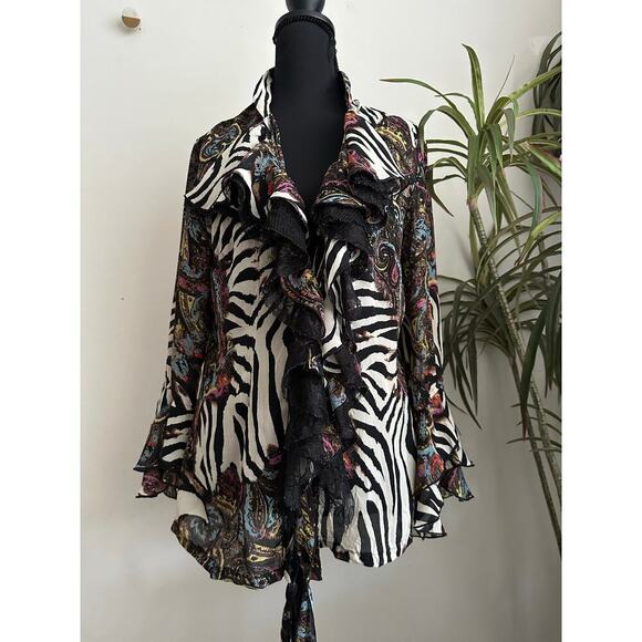 Le Caviar zebra paisley print ruffle lace tie front flare sleeve top Small - Picture 5 of 6